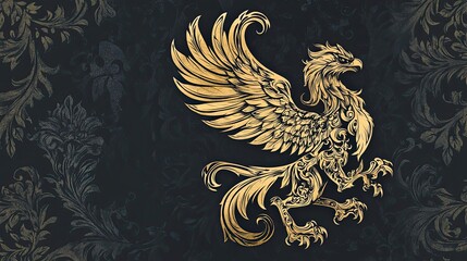 Ornate Golden Griffin Against Dark Floral Background