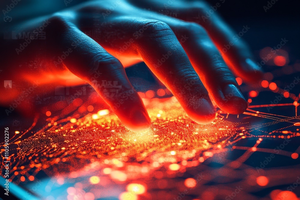 Poster close-up view of a hand interacting with a digital tablet displaying a vibrant red and orange matrix