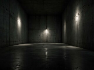 Dark concrete room with a single light source.
