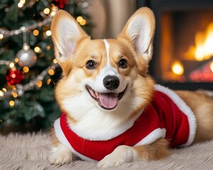 A cheerful corgi in a festive Santa suit lounges by a decorated Christmas tree and a cozy fireplace.