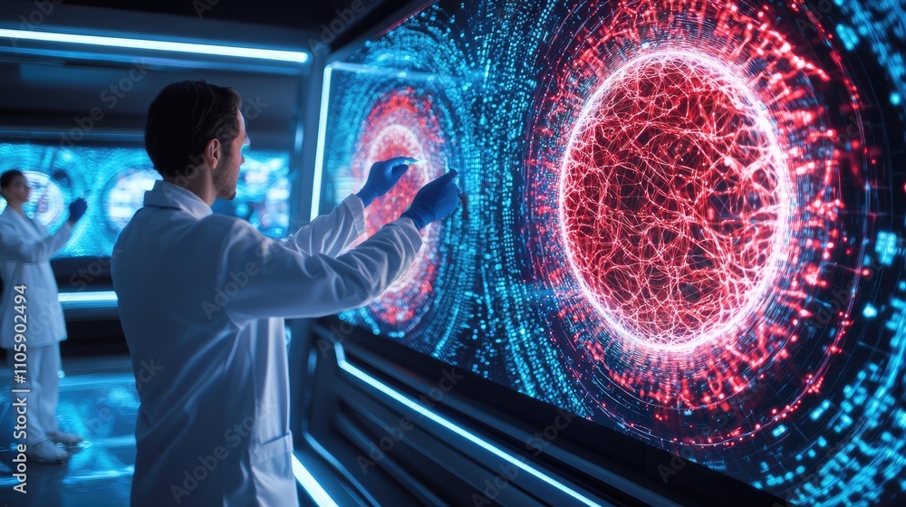 Poster scientist engaging with advanced digital displays of molecular structures in a futuristic laboratory