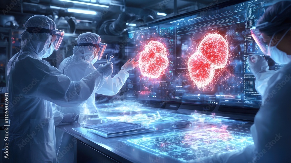 Poster scientists analyzing complex biological structures in a high-tech laboratory with interactive displa