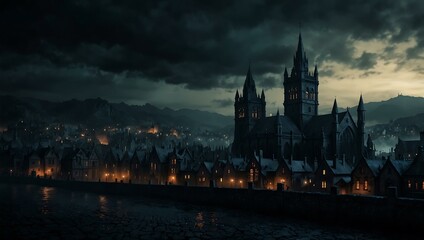 Fototapeta premium Dark fantasy Gothic town background.
