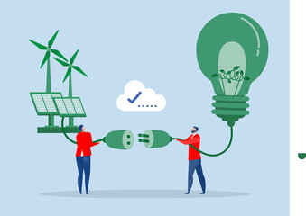 Green energy concept,Businessman connect plug solar panels with light bulb Solar Energy Concept vector