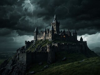 Naklejka premium Dark fantasy landscape with an ancient castle during a storm.