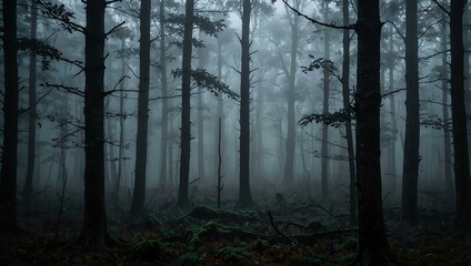 Obraz premium Dark forest engulfed in fog with a ghostly appearance.