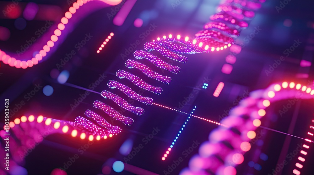 Poster vibrant and dynamic representation of dna helix in an abstract digital environment with colorful neo