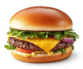 High-quality close-up of a classic cheeseburger with a juicy beef patty, melted cheese, pickles, red onion, ketchup, and a soft bun on a white background.