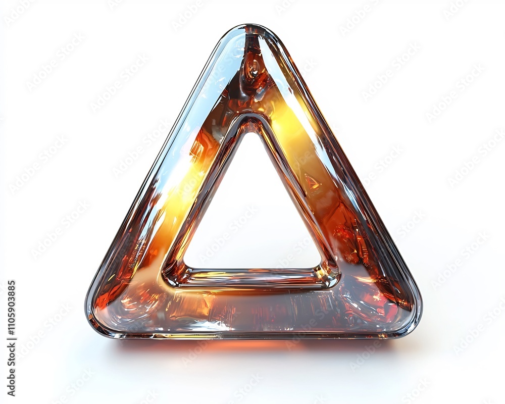 Poster glossy triangular media playback icon with smooth reflective surfaces on white background
