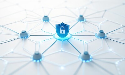 A series of interconnected glowing hexagons representing a network, with a bold shield icon in the center. The white background enhances the simplicity and focus on the cyber security theme.