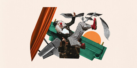 Clown with red nose tumbles backward in surreal composition featuring vintage suitcases, abstract...