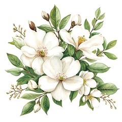 Obraz premium Watercolor Painting of a Delicate Bouquet of White Flowers and Lush Green Leaves.