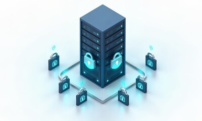 An isometric view of a secure server tower surrounded by digital locks and holographic firewalls. The tower emits glowing blue and green lights, contrasted against the clean white background.