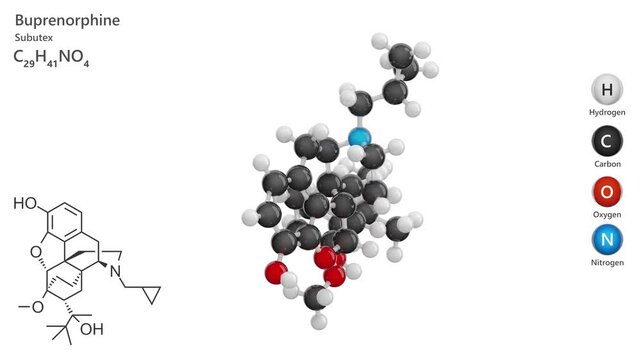Buprenorphine. Drug. Animated 3D model of a molecule. Molecular formula: C29H41NO4. Chemical model: Ball and sticks. White background. 3D rendering. Seamless loop.