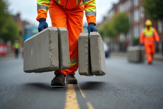 Heavy Concrete Kerbs, Construction Worker, Road Construction, Close Up, Hi-Vis
