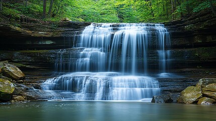 Fototapeta premium Serene cascading waterfall in lush forest.