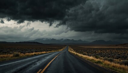 Dark road in rugged terrain under overcast skies.