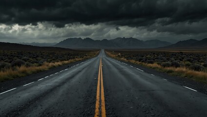 Fototapeta premium Dark road in rugged terrain under overcast skies.