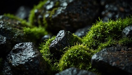 Dark rocks and green moss close-up on a black background.