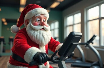 Santa Claus in gym on exercise bike or treadmill. Sport and fitness, active during holidays concept. Fitness club card