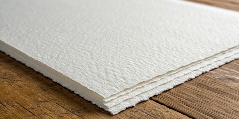 A Stack of Textured Handmade Paper Sheets with Deckled Edges on a Rustic Wooden Surface