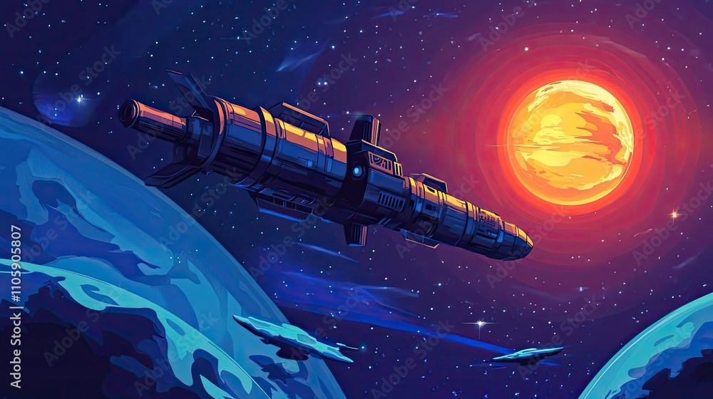 Canvas Prints spaceship journey through cosmic nebula near red star