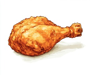 Realistic cartoon-style illustration of a crispy fried chicken drumstick with golden, crunchy breading, displayed on a white background.