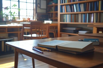 Cozy Study Space with Wooden Table, Open Notebook, and Colorful Pencils Surrounded by Bookshelves Full of Assorted Literature in a Warmly Lit Room