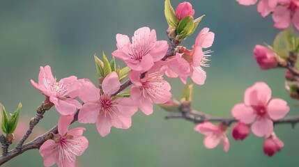 Obraz premium Pink spring flowers in full bloom against a green background 