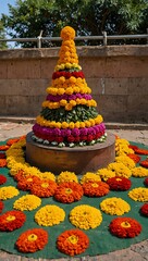 Naklejka premium Dashera Festival decorations with marigold flowers and rangoli.