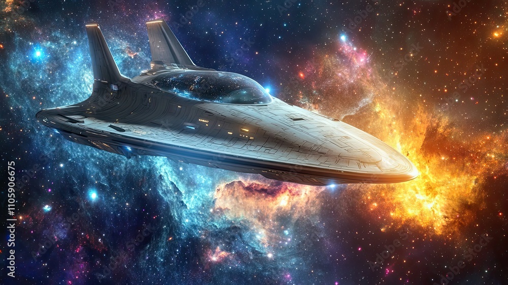 Sticker spaceship soaring through a cosmic nebula