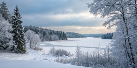 Serene Winter Landscape Frozen Lake Surrounded by Snow-Covered Trees and a Path