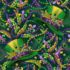 Seamless Mardi Gras pattern with tall top hat with belt, bunch of colorful feathers, randomly scattered Fleur de Lis sign, beads, interlaced strings of beads on dark green background. Vintage style