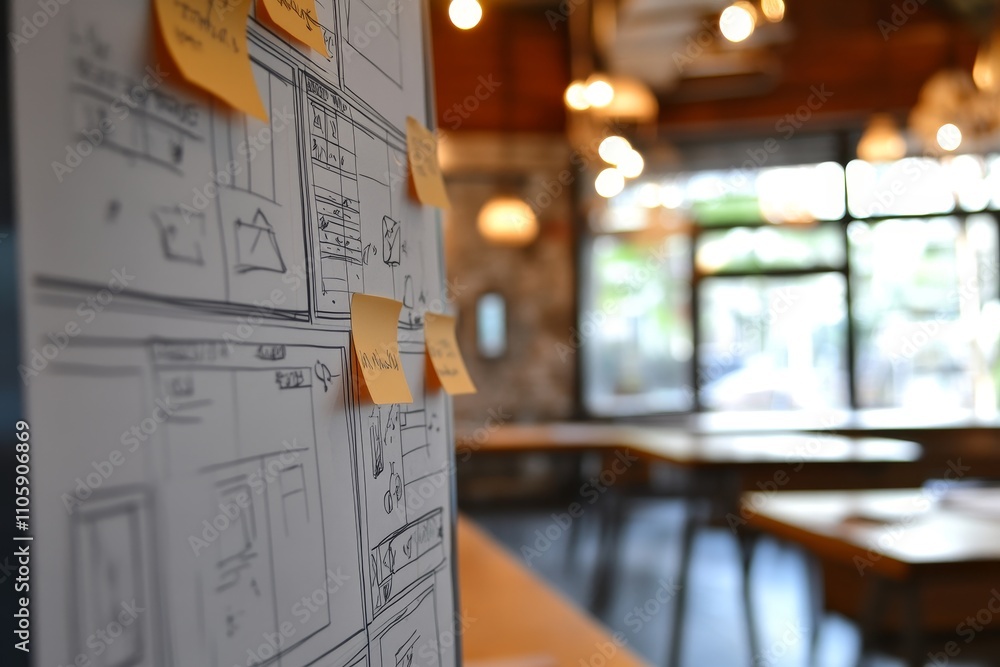 Poster creative workspace with design sketches and sticky notes on a board, showcasing an innovative atmosp