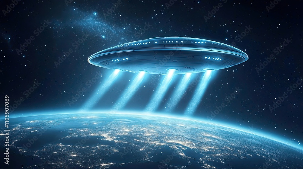 Poster spaceship hovering above earth illuminating the planet