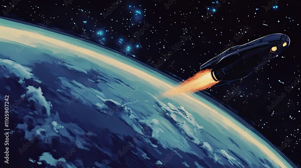 Poster spaceship ascending above earth in space
