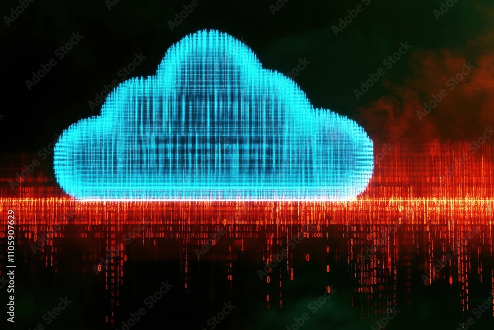 Poster a vibrant cloud composed glowing binary code, representing modern data storage technology concepts.