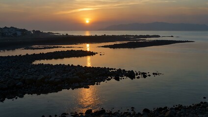 Fototapeta premium Dawn over Miura City’s rocky coast.