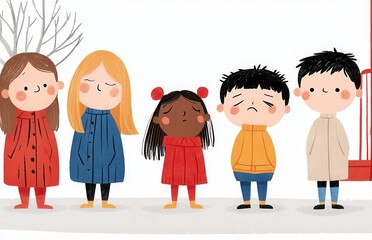 Group of children in colorful coats showing various emotions on a chilly day in a playground setting