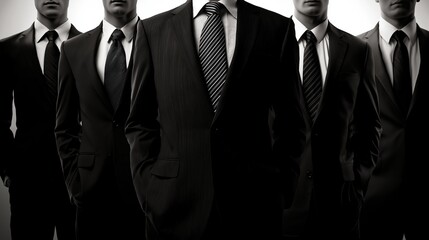 Group of businessmen wearing elegant suits and ties, standing together, conveying a sense of professionalism, teamwork, and authority in the corporate world