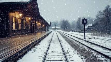 Fototapeta premium Classic wooden train station with snow-covered tracks and gently falling snowflakes under a gray sky