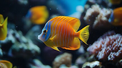 Obraz premium Vibrant Underwater Reef Teeming with Ornamental Fish in Harmonious Swim