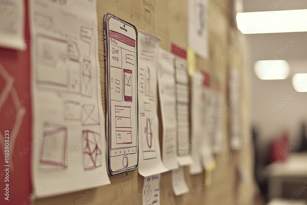 Poster detailed mockup of mobile app interface design concept thematic display on wall with creative sketch