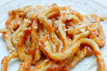Pasta alla Pecorara produced with Pecorino di Farindola typical sheep cheese produced in Abruzzo by the women of Farindola inside the Gran Sasso National Park