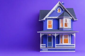 Blue house model against purple background, detailed architectur