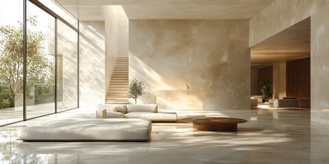 Modern Minimalist Living Room With Beige Walls and Large Windows