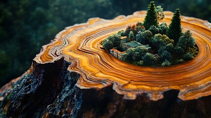 Miniature village nestled within a tree stump, surrounded by forest.
