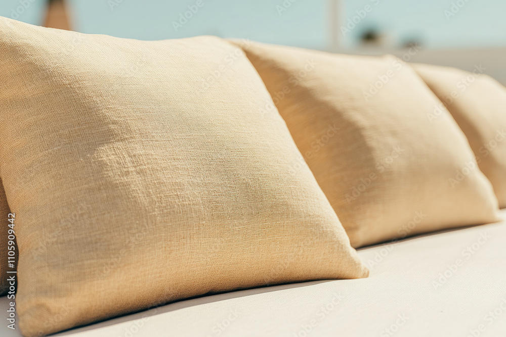 Poster Three pillows with a tan color and a pattern on them