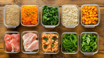 An Array of Allergy-Friendly Dishes Showcasing Healthy Ingredients Like Leafy Greens Gluten-Free Grains and Lean Proteins Neatly Displayed on a Natural Wood Surface