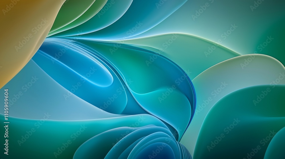 Poster smooth, undulating shapes in shades of teal, blue, and gold create a dynamic and visually appealing 